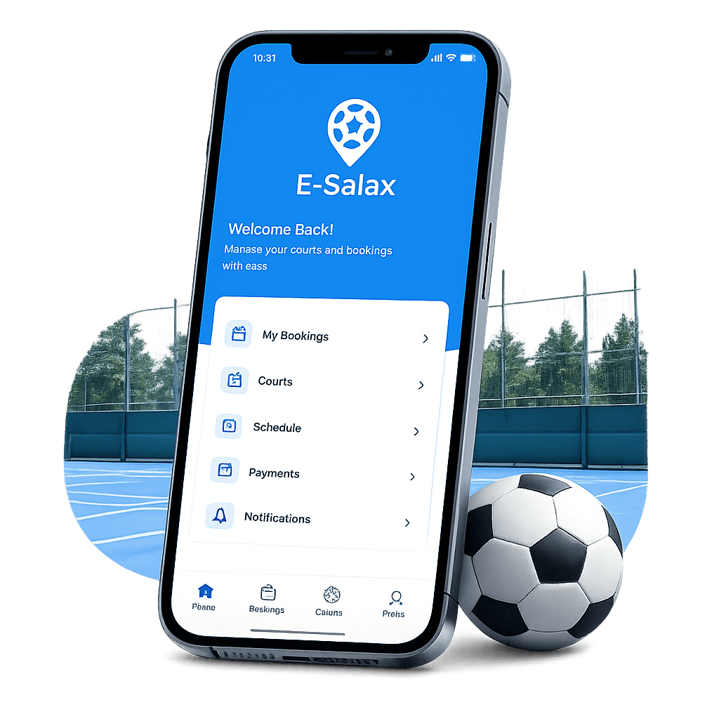 E-Salax mobile app on phone with court and football