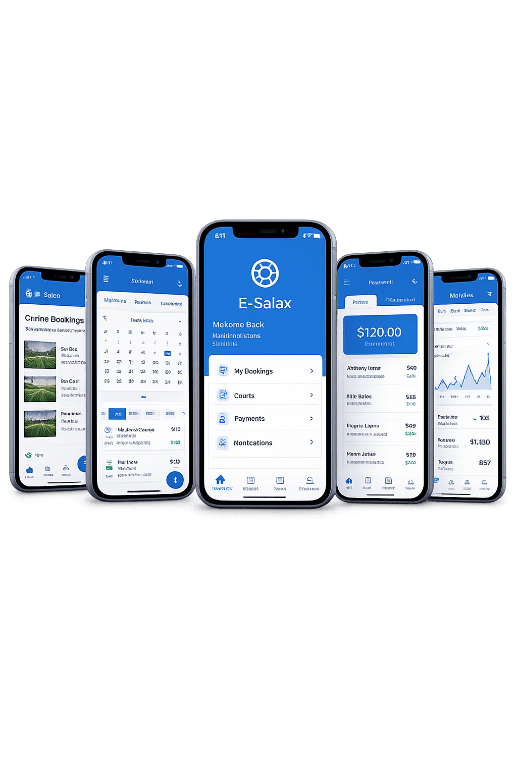 E-Salax app screens: bookings, calendar, dashboard, payments and analytics